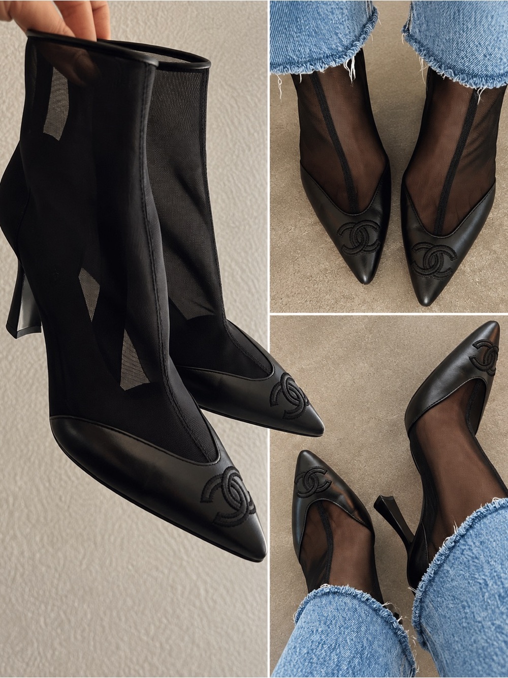 26B Chanel Black Mesh and Lambskin Short Boots, Size 36.5
